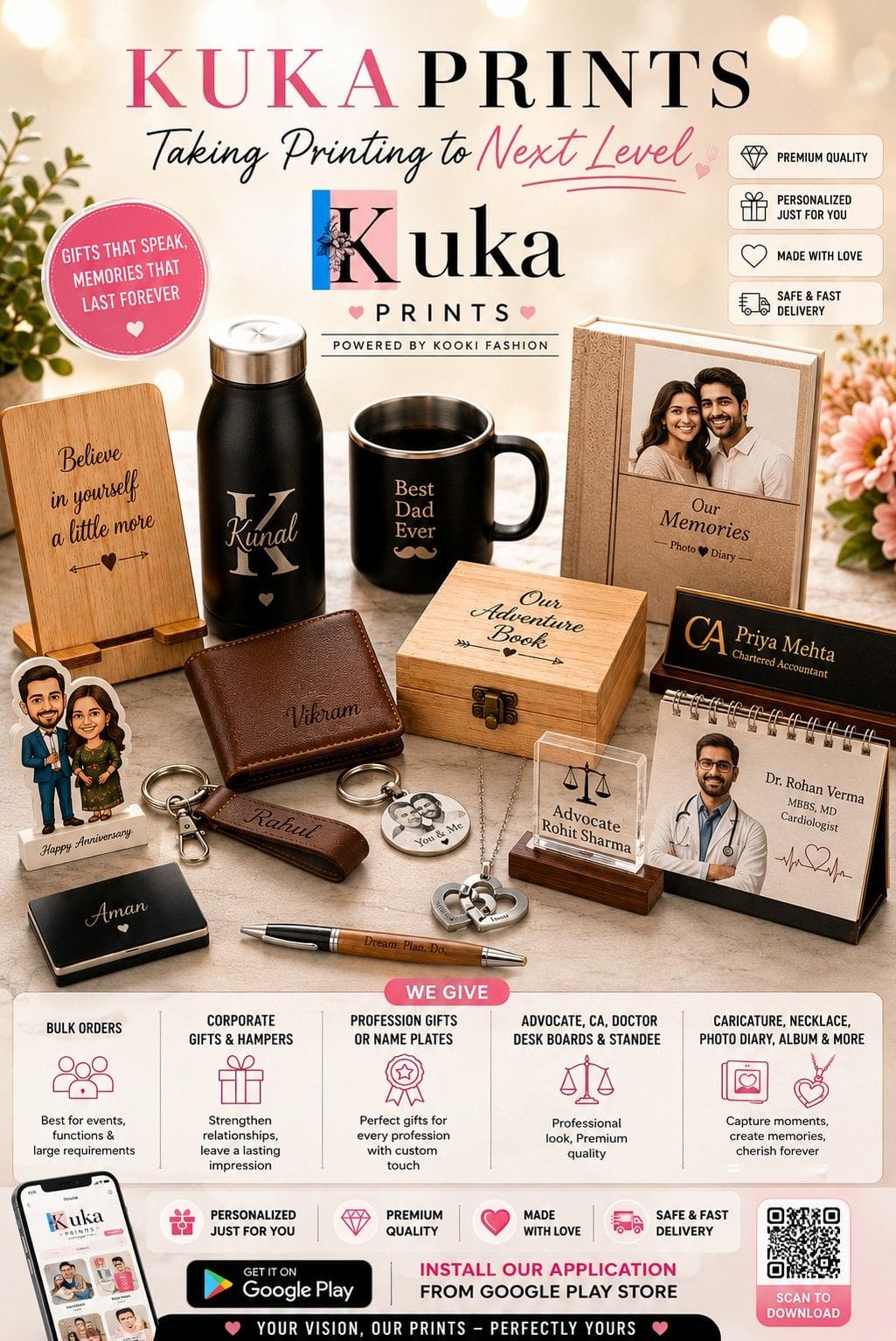 A promotional collage for Kuka Prints personalized printing services, showing multiple engraved and printed gift items including a wooden sign, black mugs, a leather wallet, a small wooden box, a keychain, and printed cards and photos, with marketing text and icons around the products.