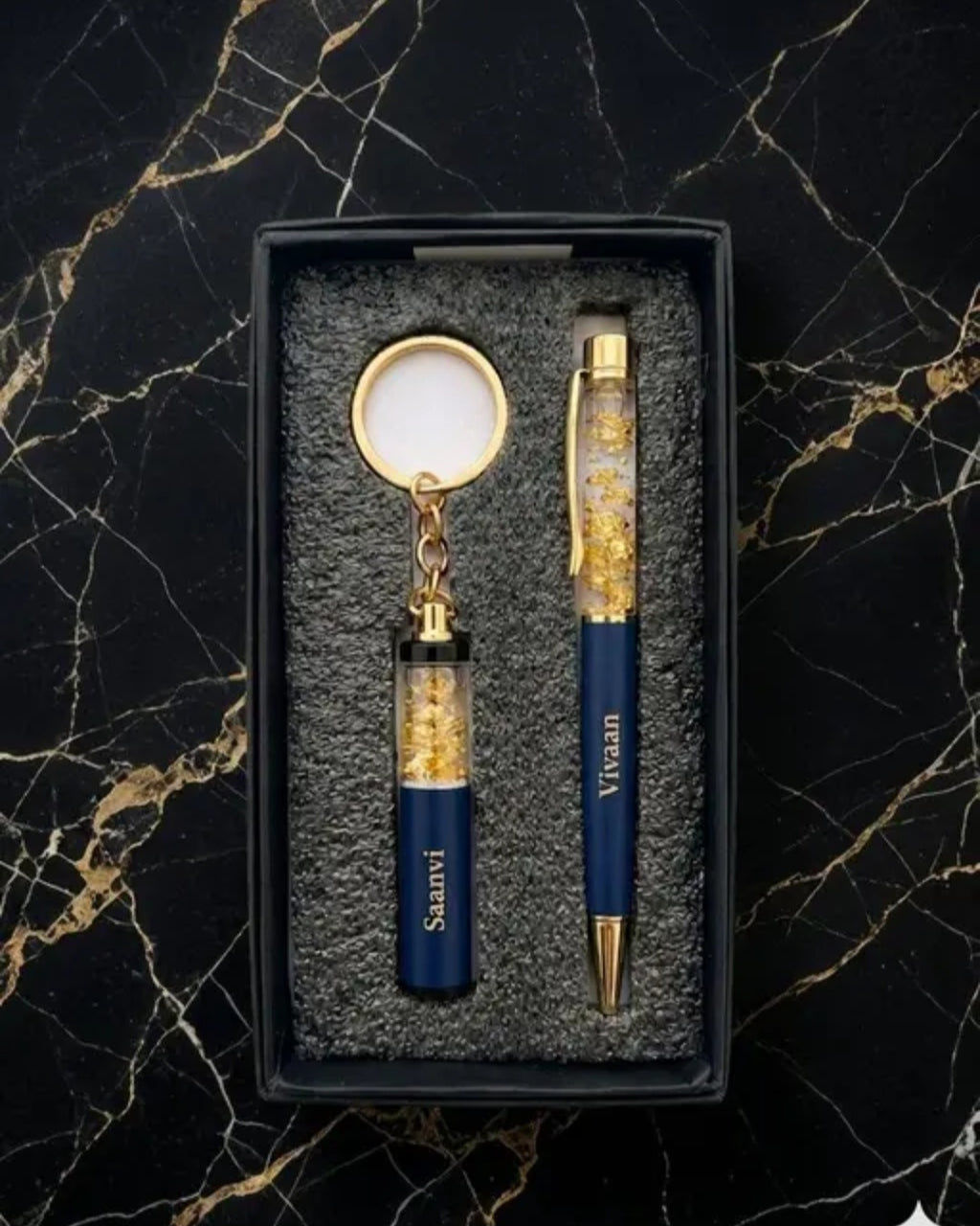 Personalized Blue Gold Flake Pen & Keychain Gift Set