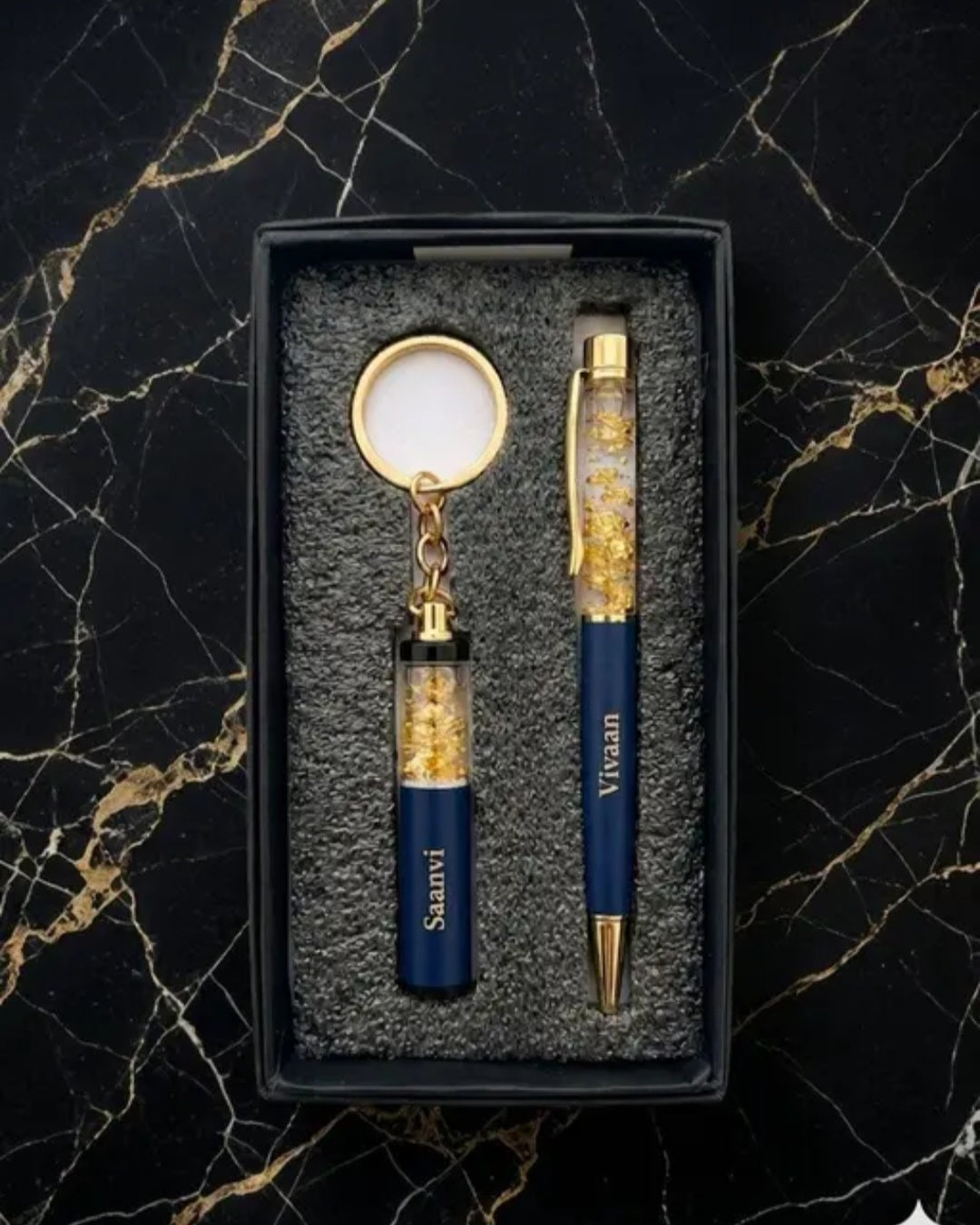 Personalized Blue Gold Flake Pen & Keychain Gift Set