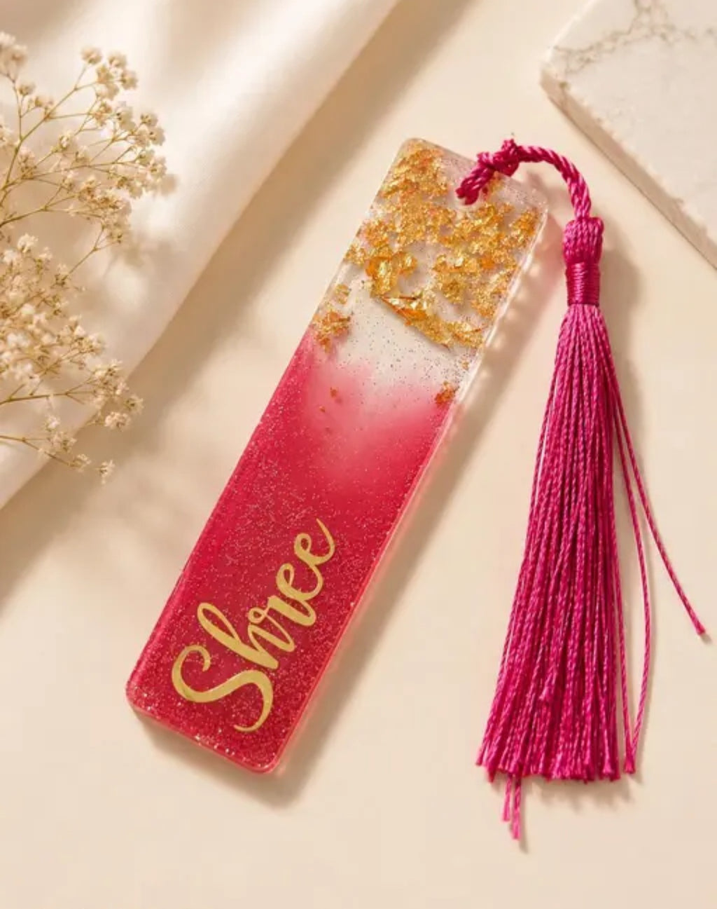Rose Pink Customized Resin Bookmark with Gold Leaf