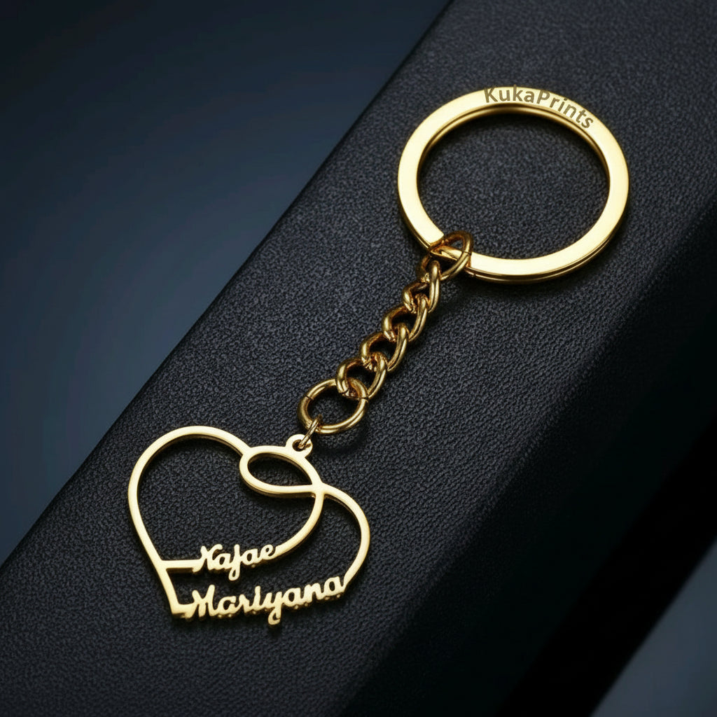 Customized Gold-Plated Double Heart Name Keychain  Personalized Gift for Couples, Friend& Family