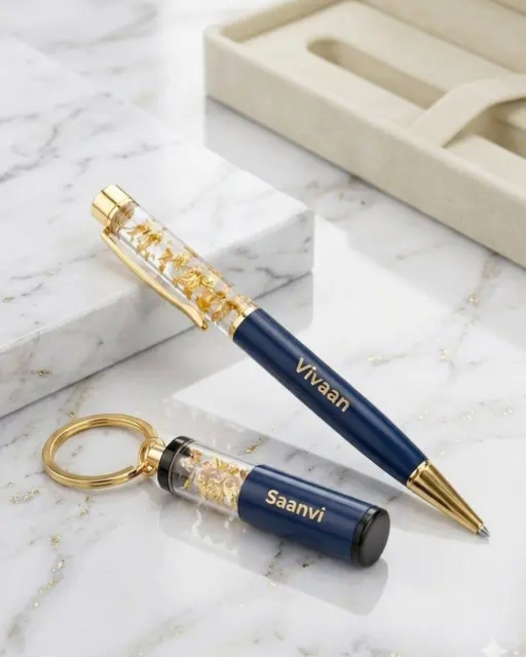Personalized Blue Gold Flake Pen & Keychain Gift Set