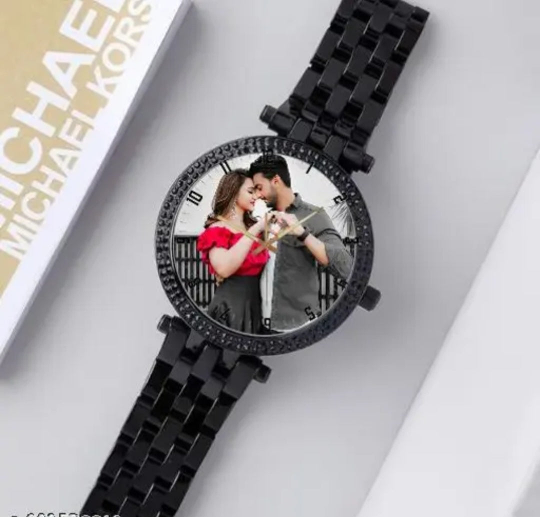 Personalized/Customized GF Wrist Watch Photo Print Anlog Watch (Black) for Women | with Elgant Black Strap | Trending Black Case