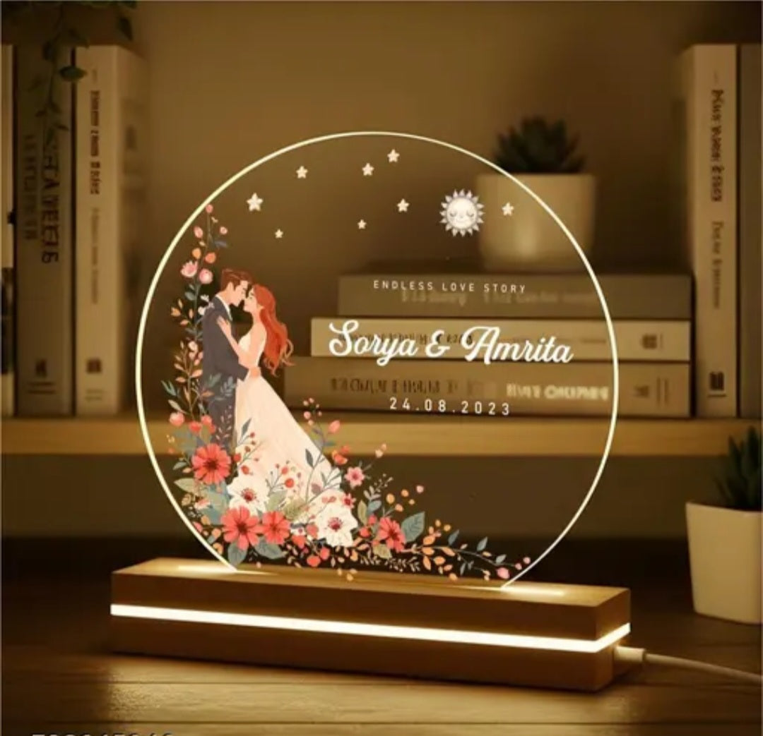 Personalized Couple Acrylic LED Lamp with Wooden Base| Customized Name & Date Night Light | USB Powered Romantic Home Décor