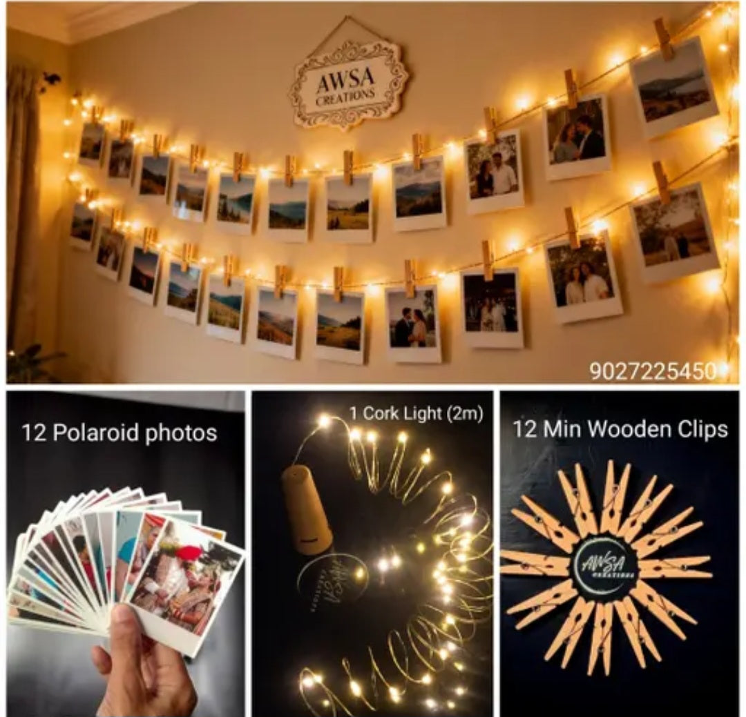 Personalized 12 Mini Photo Prints with Cork LED Light & Wooden Clips