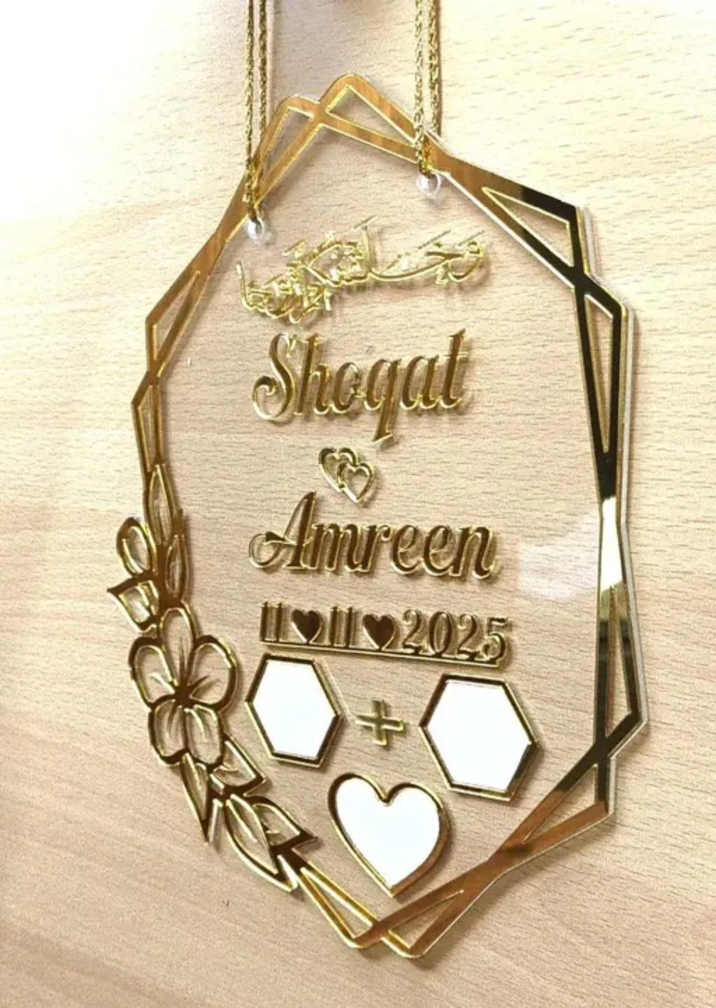 Premium Floral Hexagonal 3D Gold Acrylic Wall Hanging – Personalized Couple Name & Date Wedding Plaque