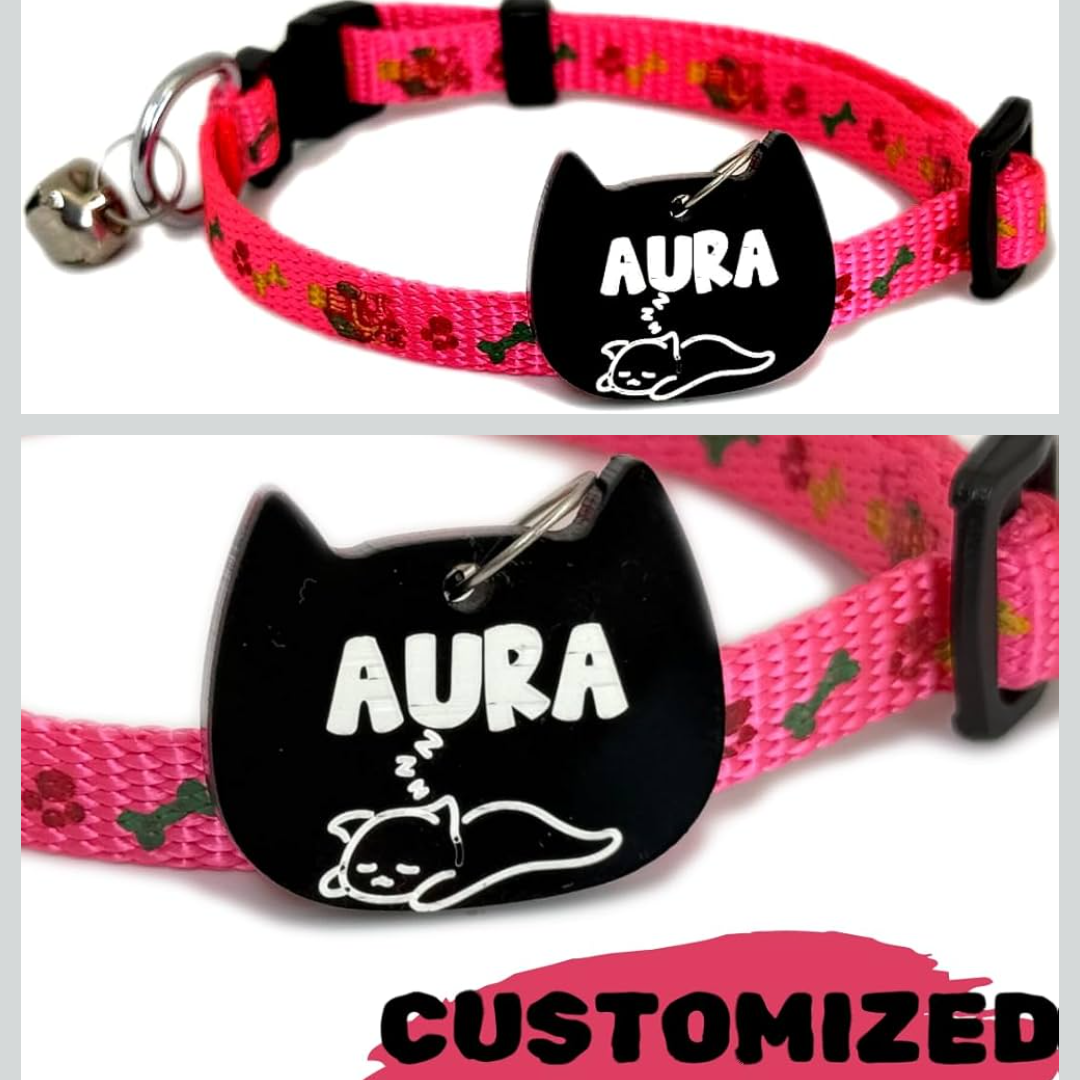 Handmade Cat Collar with Customisable Name & Icon Tag, Bell, Adjustable Buckle, 15-30 cm
