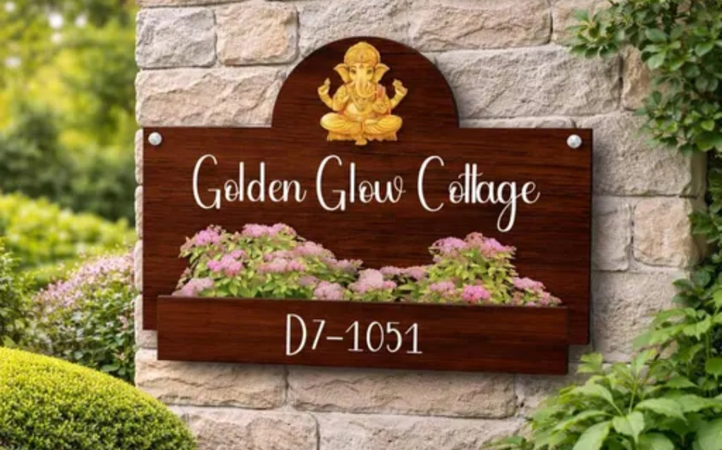 Customised Rustic Wooden Name Plate with Mini Grass Planter Bracket, Personalised Name Plate for Home Entrance Outdoor, 38 x 28 cm
