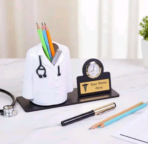 Doctor desk pen stand with watch  name personalized