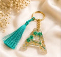 Premium Resin Letter A Keychain with Blue Flowers & Tassel