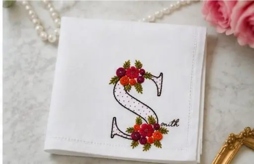 Premium Floral Embroidered Alphabet "S" Cotton Handkerchief