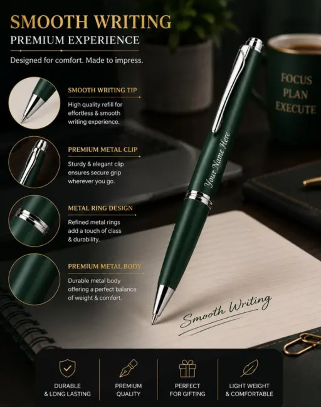 Personalized Metal Ball Pen with Custom Name Engraving | Premium Black & Gold Executive Pen