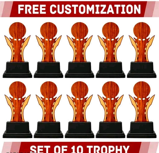 19 CM Wooden Finish Trophy Set of 10 | Big Size Customizable Award Trophies | Premium Look with Black Base | School, Sports & Event Prize (Free Customization)