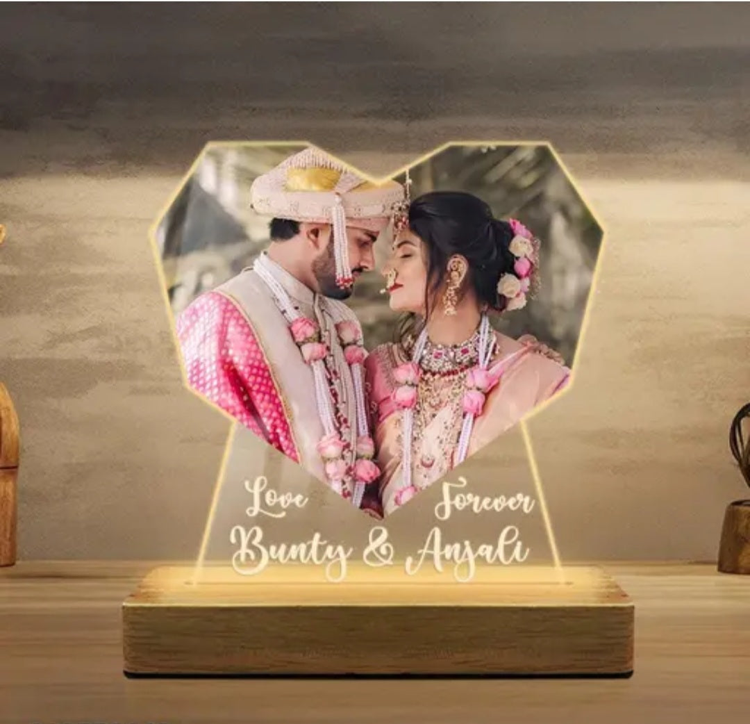 Customized Couple Photo LED Table Lamp – Heart Shape Night Light with Engraved Names