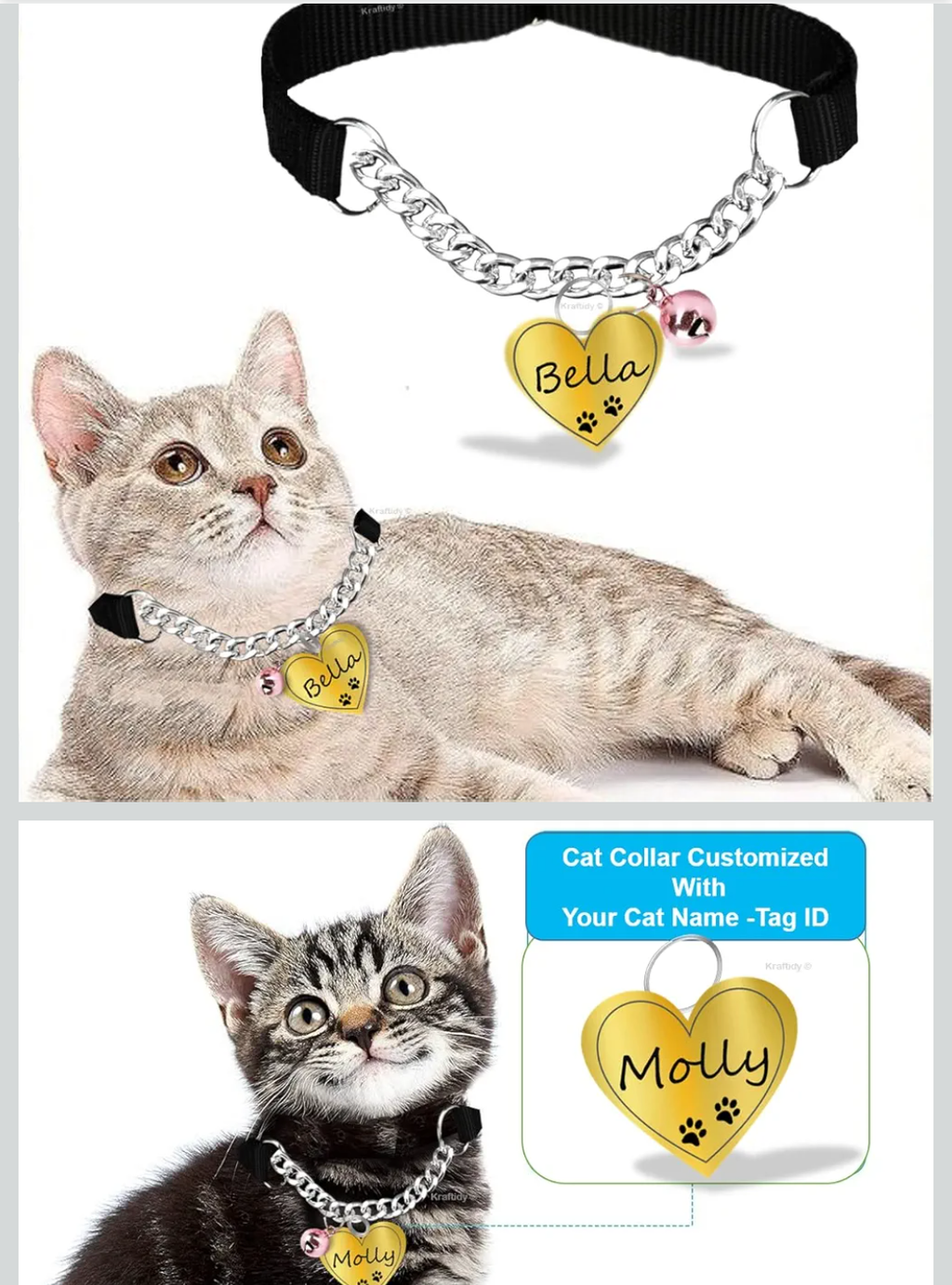 Nylon cat collar chain with customised name Adjustable