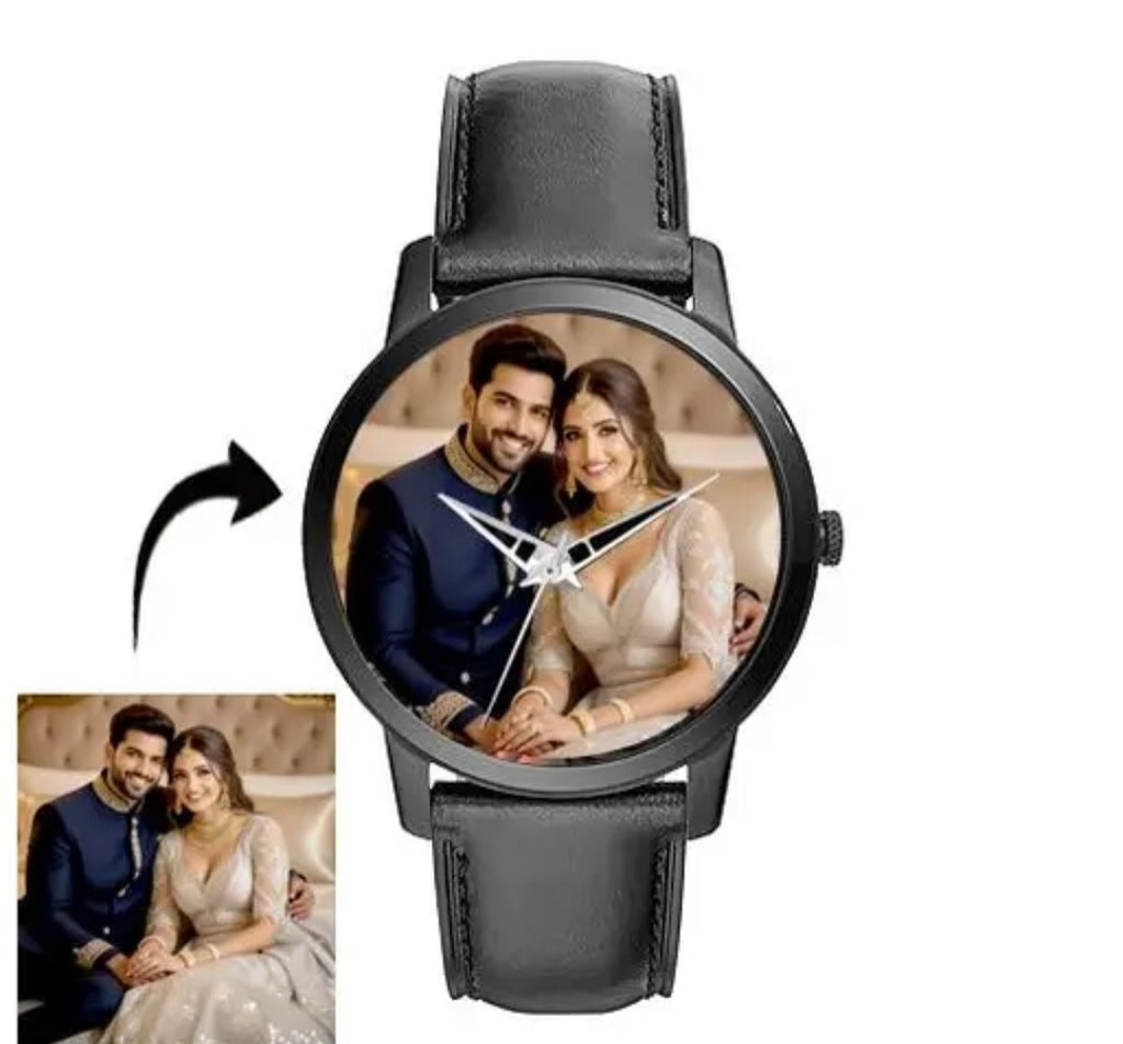 Customised Photo Print Analog Watch (Black) for Men & Women | with Elegant Black Strap | Trending Black Case