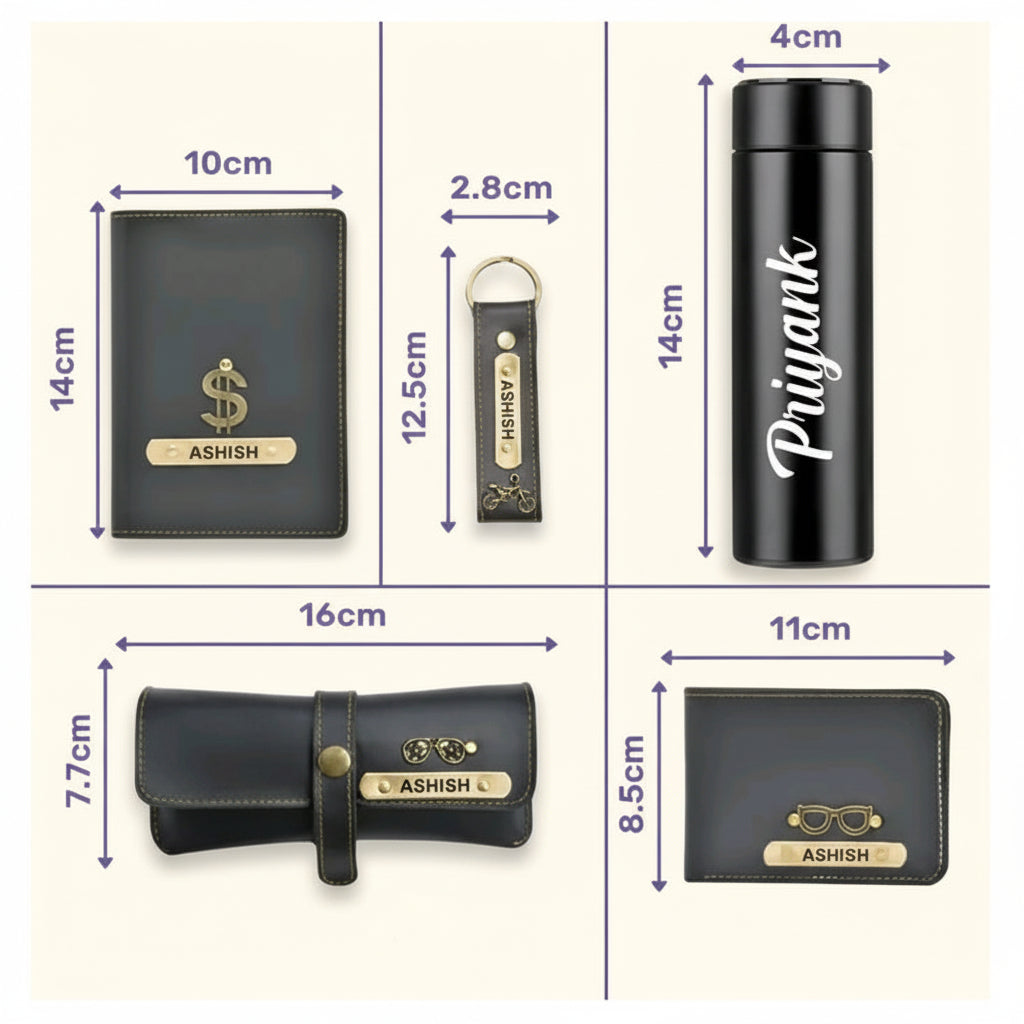 Combo kit Set for Men Customized Name Wallet, Keychain, Passport Cover, Sunglass Case & Bottle