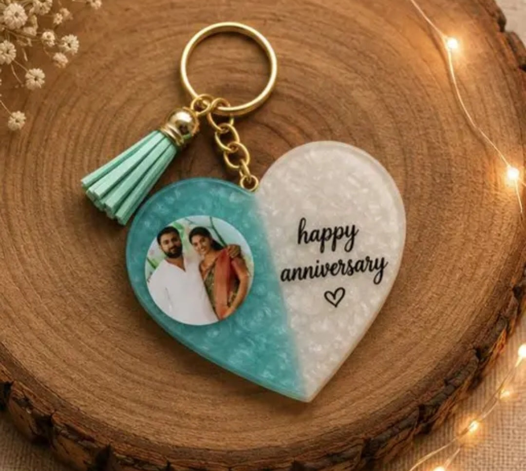 Personalized Resin photo Keychain with Dried Flowers & Tassel