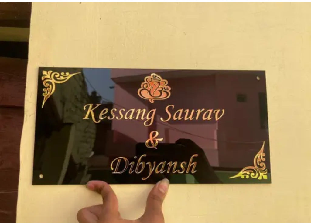 Black acrylic with golden mirror name plate (8*12) house name plate