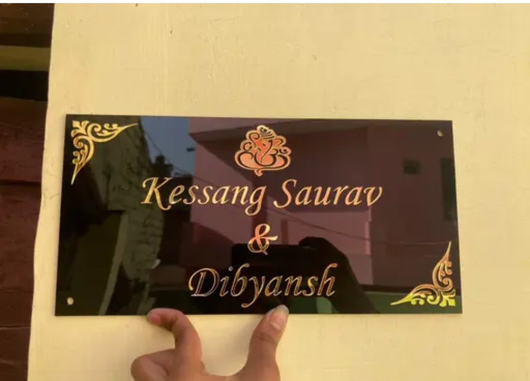 Black acrylic with golden mirror name plate (8*12) house name plate