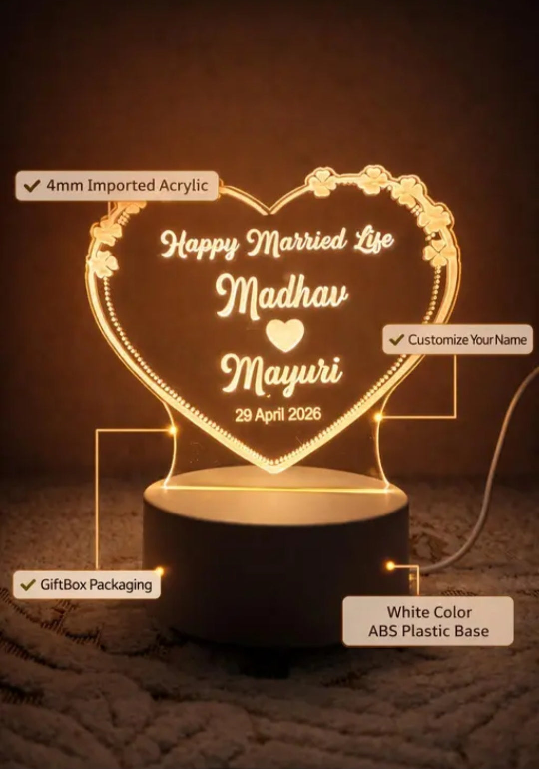 Personalized Heart Shape LED Acrylic Lamp | Custom Name Wedding Gift | Happy Married Life Night Light | 4mm Imported Acrylic | White ABS Base | Gift Box Packaging