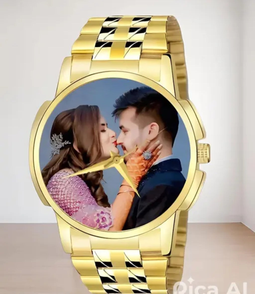 Personalized Photo Print Dial Chain Watch for Men | Stainless Steel Men's GOLD Watches Gents Stylish Quartz Wrist Watch | Watch for Birthday & Anniversary Gift