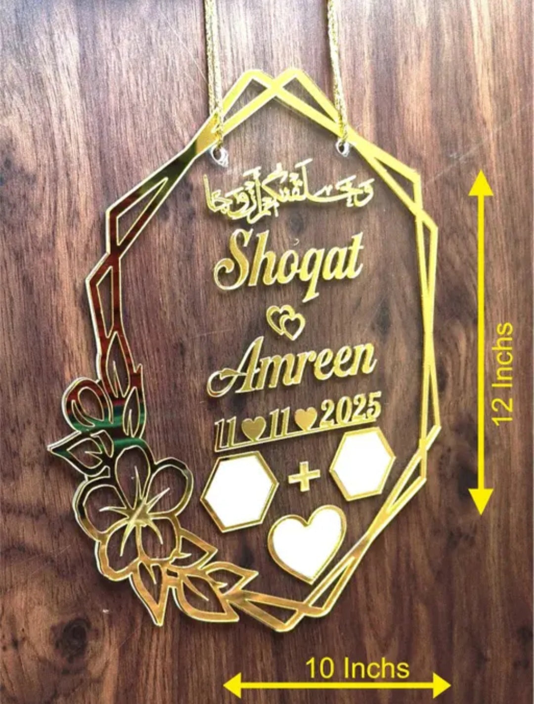 Premium Floral Hexagonal 3D Gold Acrylic Wall Hanging – Personalized Couple Name & Date Wedding Plaque