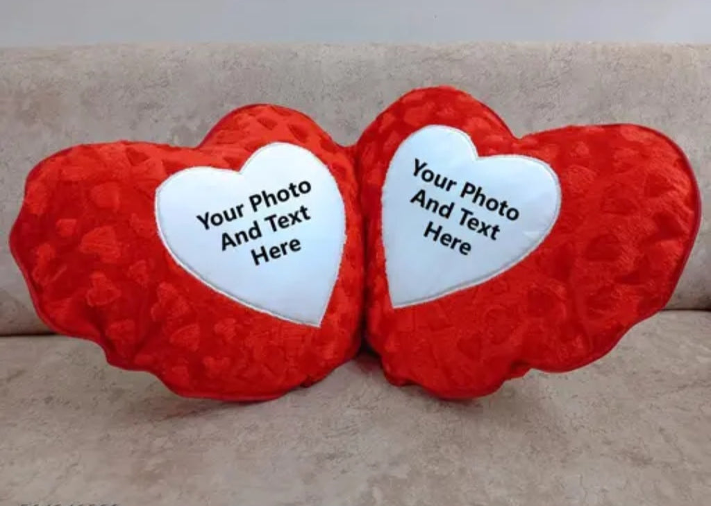 Personalized Large Double Heart Shape Fur Cushion Customized Photo Cushion Pillow for Best Wishes Valentine Day Gifts ( RED ) PACK OF 1