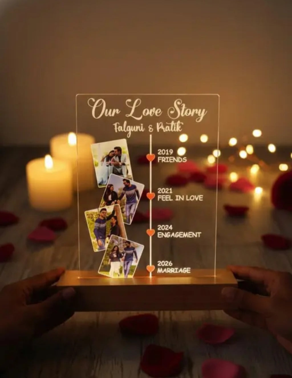 Personalized LED Photo Frame | Customized Acrylic Lamp with Warm Light & Wooden Base
