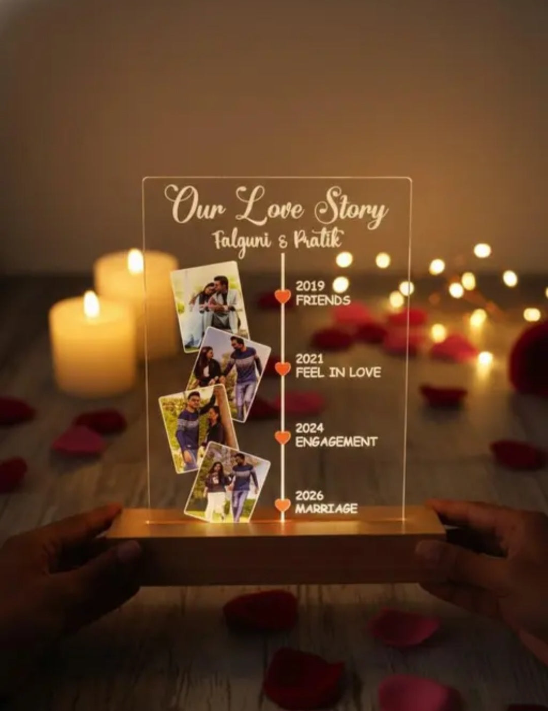 Personalized LED Photo Frame | Customized Acrylic Lamp with Warm Light & Wooden Base