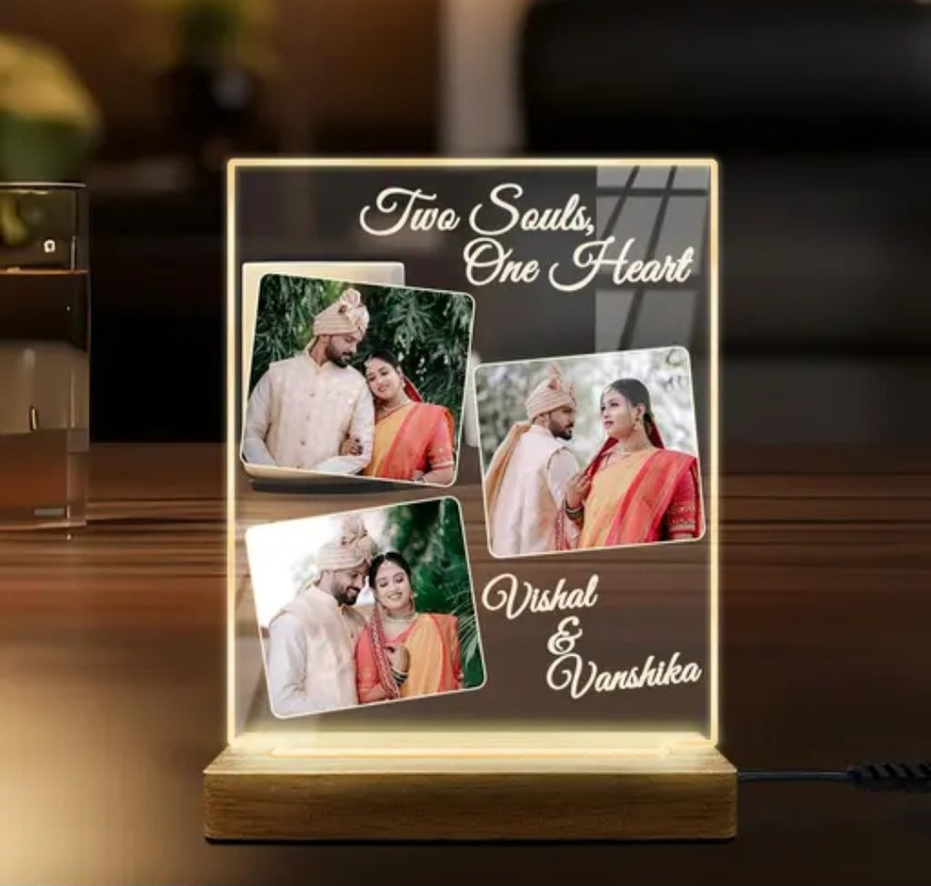 Custom Acrylic 3 Photo Frame 6x5 Inch (5mm Thick) | Personalized Picture Frame with LED Wooden Stand