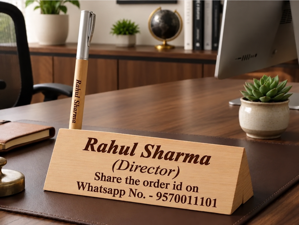 Personalized Wooden Desk Name Plate with Pen Holder