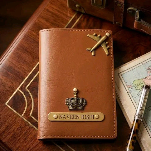Customized Tan Brown Passport Cover for Men & Women | Personalized Name Engraved Passport Holder | Premium Leather Look Travel Document Wallet