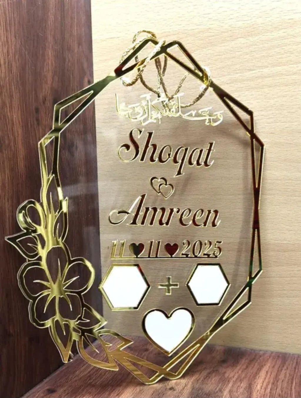 Premium Floral Hexagonal 3D Gold Acrylic Wall Hanging – Personalized Couple Name & Date Wedding Plaque