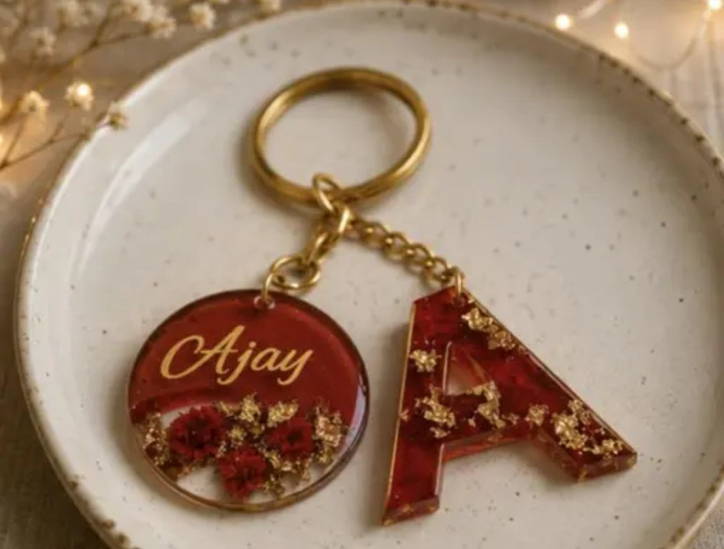 Personalized Resin Alphabet Keychain with Dried Flowers & Tassel