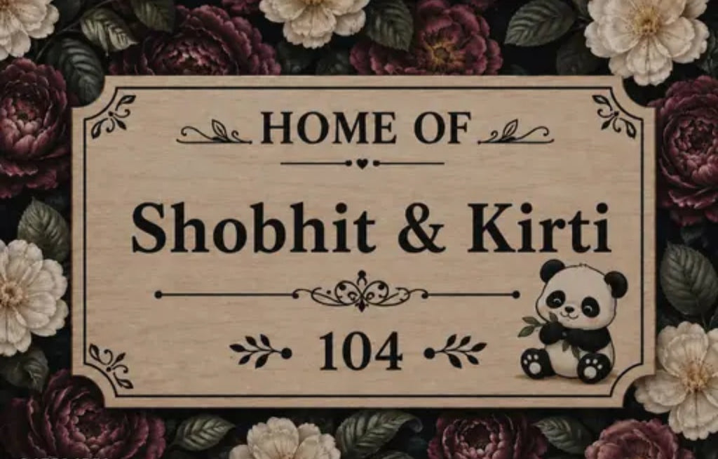 Customised Floral MDF Door Name Board with Panda Design