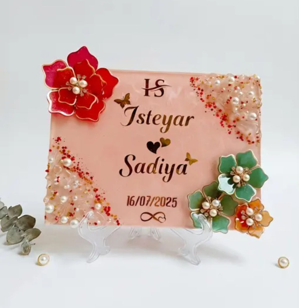 Resin Name Frame 6x8 Inch | Couple Name Frame with Date | Handmade Floral Resin Plaque | Personalized Gift