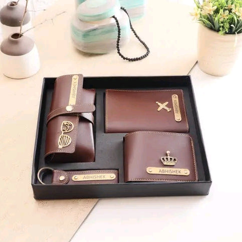 MODEFE SET OF 4 CUSTOMIZED WALLET, KEYCHAIN, PASSPORT COVER AND SPEC COVER BROWN COLOR