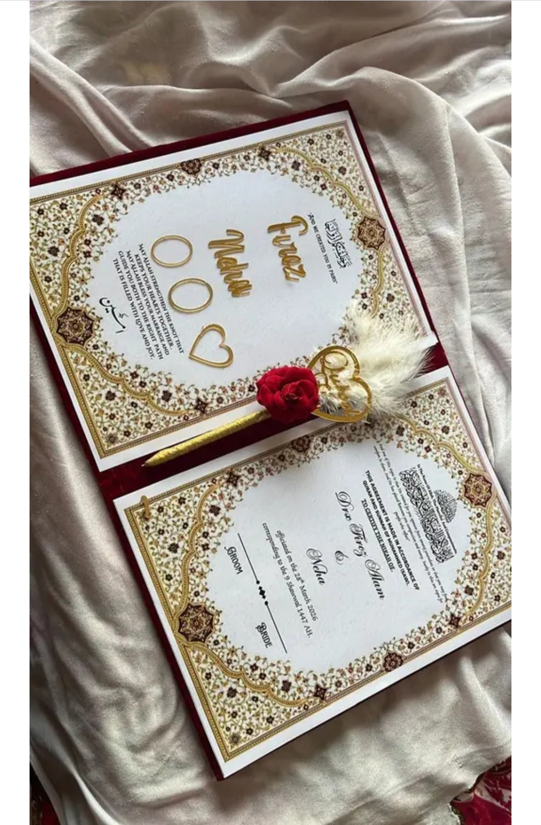Customized Your Nikha Nama Pen Set In red fur For Nikha Ceremony Bride Groom