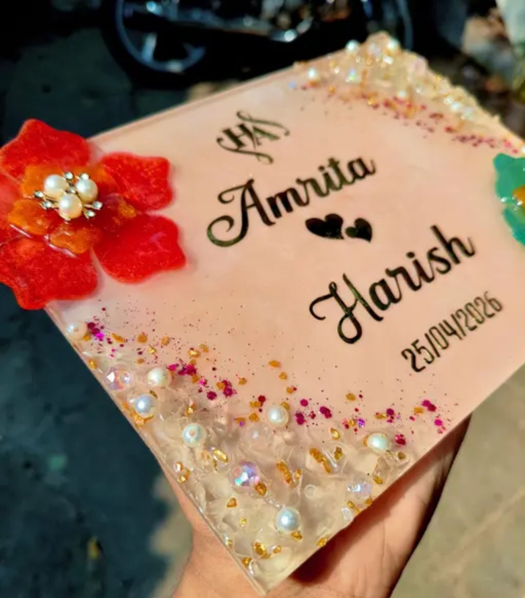 Resin Name Frame 6x8 Inch | Couple Name Frame with Date | Handmade Floral Resin Plaque | Personalized Gift