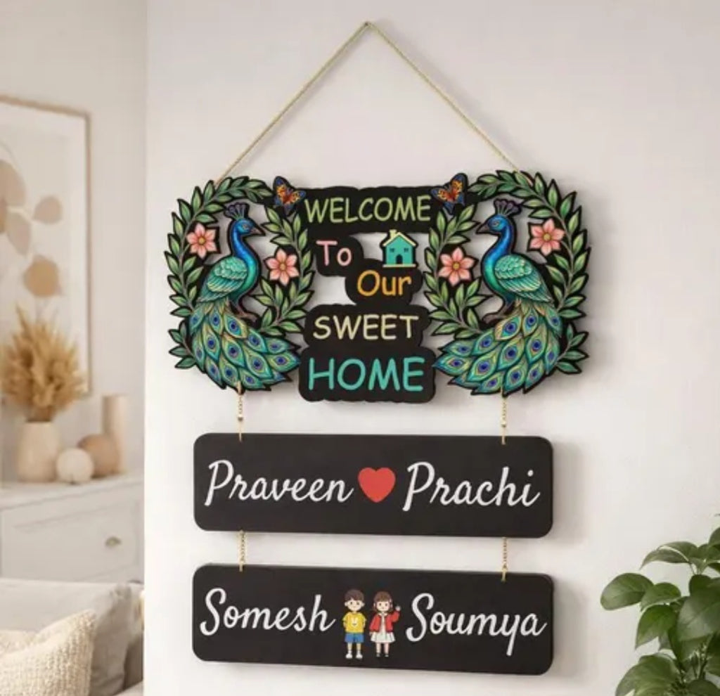 Customized Wooden Name Plate for Home Entrance - Personalized "Welcome to Our Sweet Home" Hanging Decor with Peacock Design