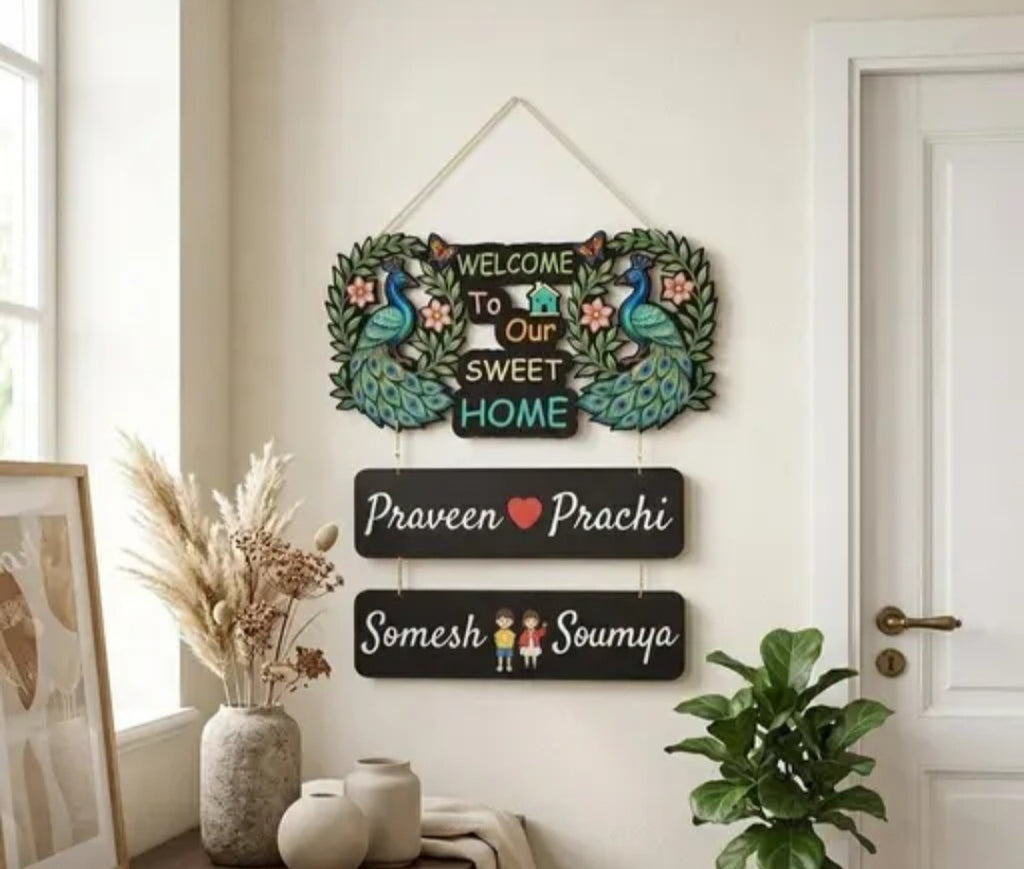 Customized Wooden Name Plate for Home Entrance - Personalized "Welcome to Our Sweet Home" Hanging Decor with Peacock Design