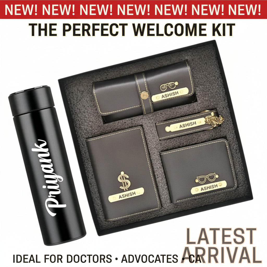 Combo kit Set for Men Customized Name Wallet, Keychain, Passport Cover, Sunglass Case & Bottle