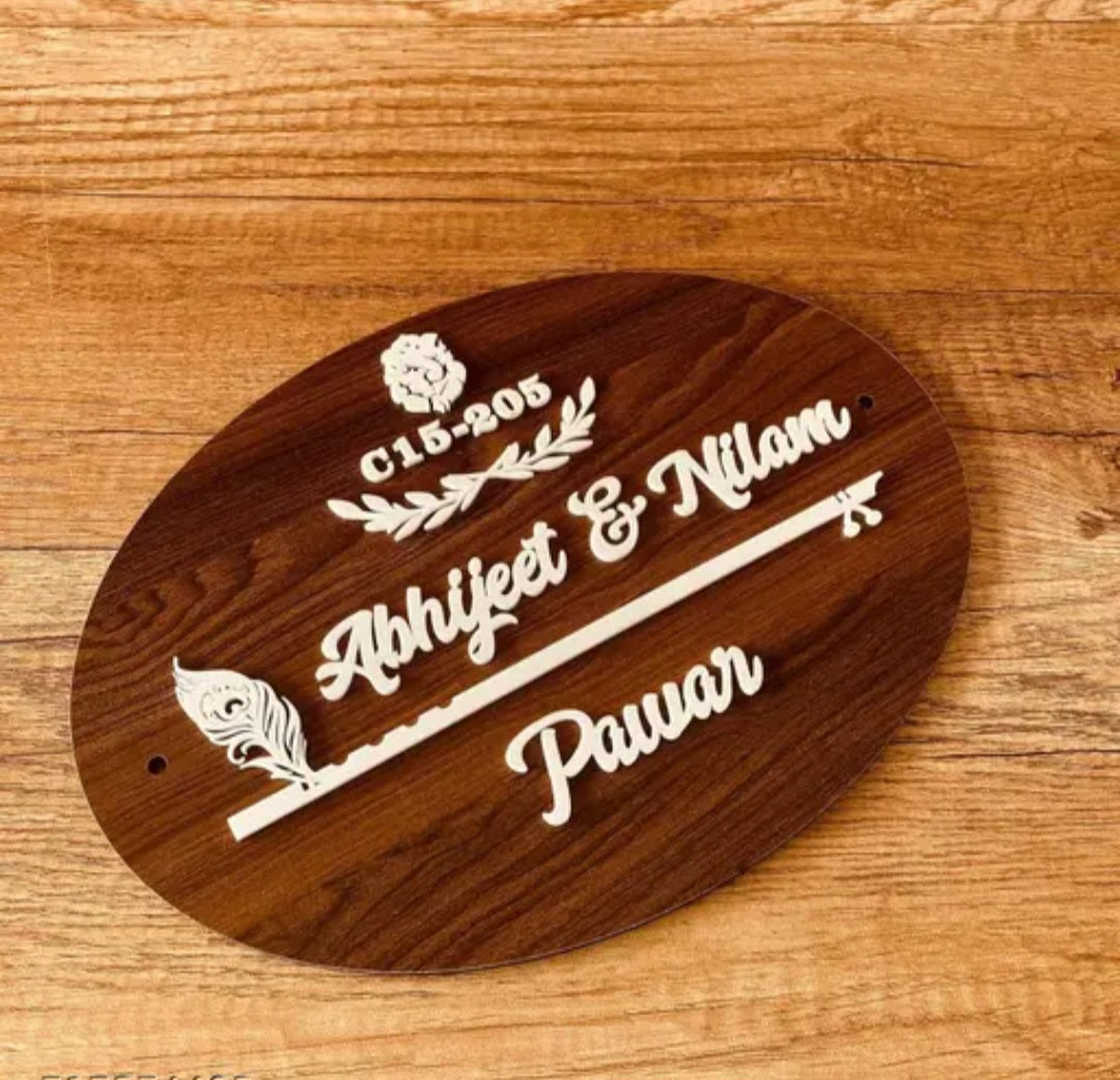 Personalized Wooden Nameplate for Home Door Wall Decoration | Customized House Name Board with 3D White Acrylic Lettering | 13 x 8 Inch Oval Shape Name Tag for Couples, Families