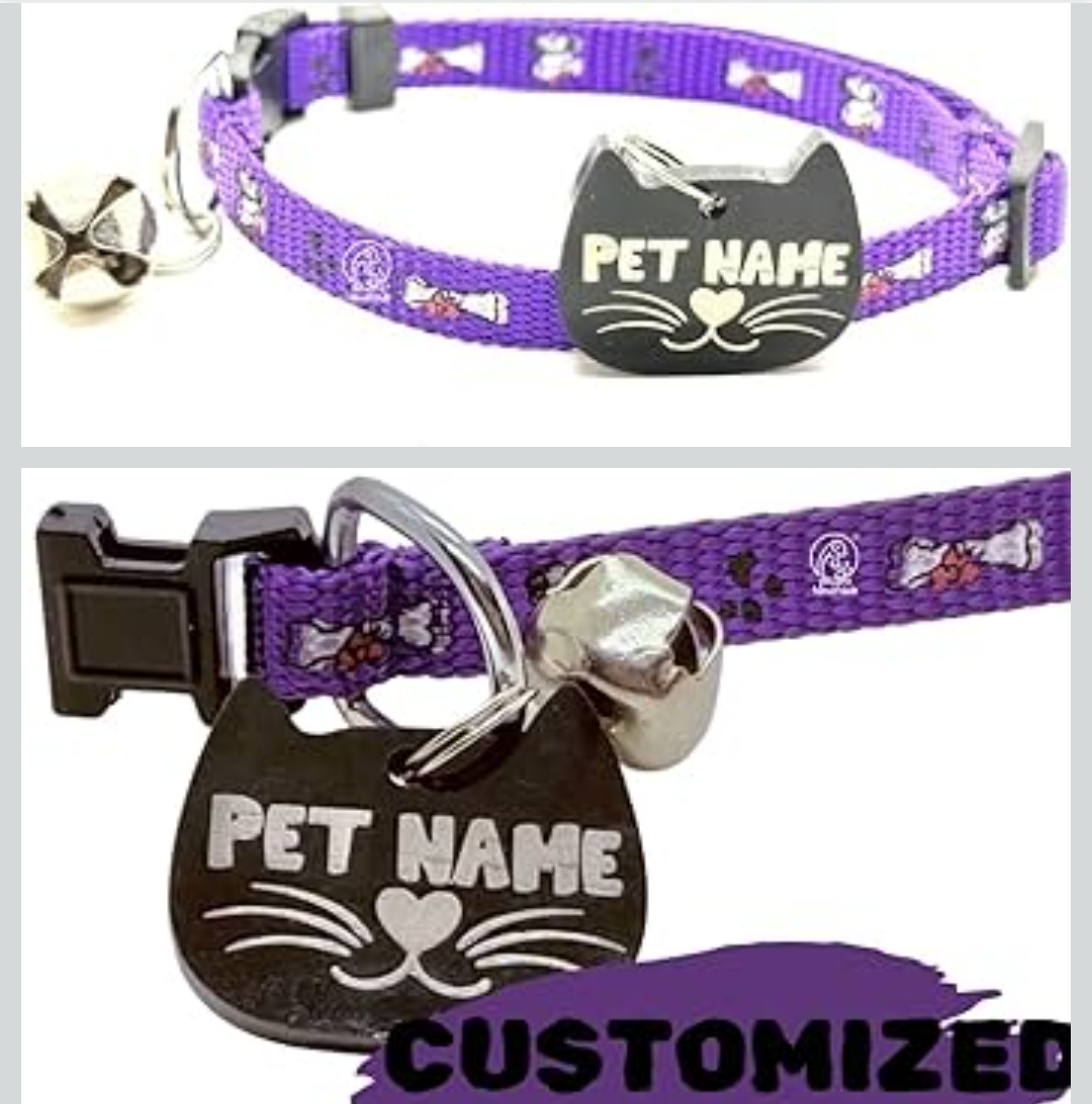 Handmade Cat Collar with Customisable Name & Icon Tag, Bell, Adjustable Buckle, 15-30 cm