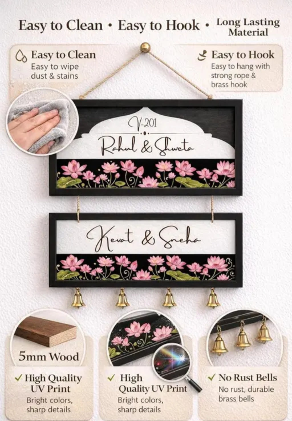 Customized Wooden Couple Name Plate For Home Entrance outdoor With Bells | Handcrafted Floral Wooden Name Board for Home Decor