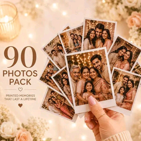 Collection of family photos in a 90-pack with a hand holding them, surrounded by decorative lights and flowers.
