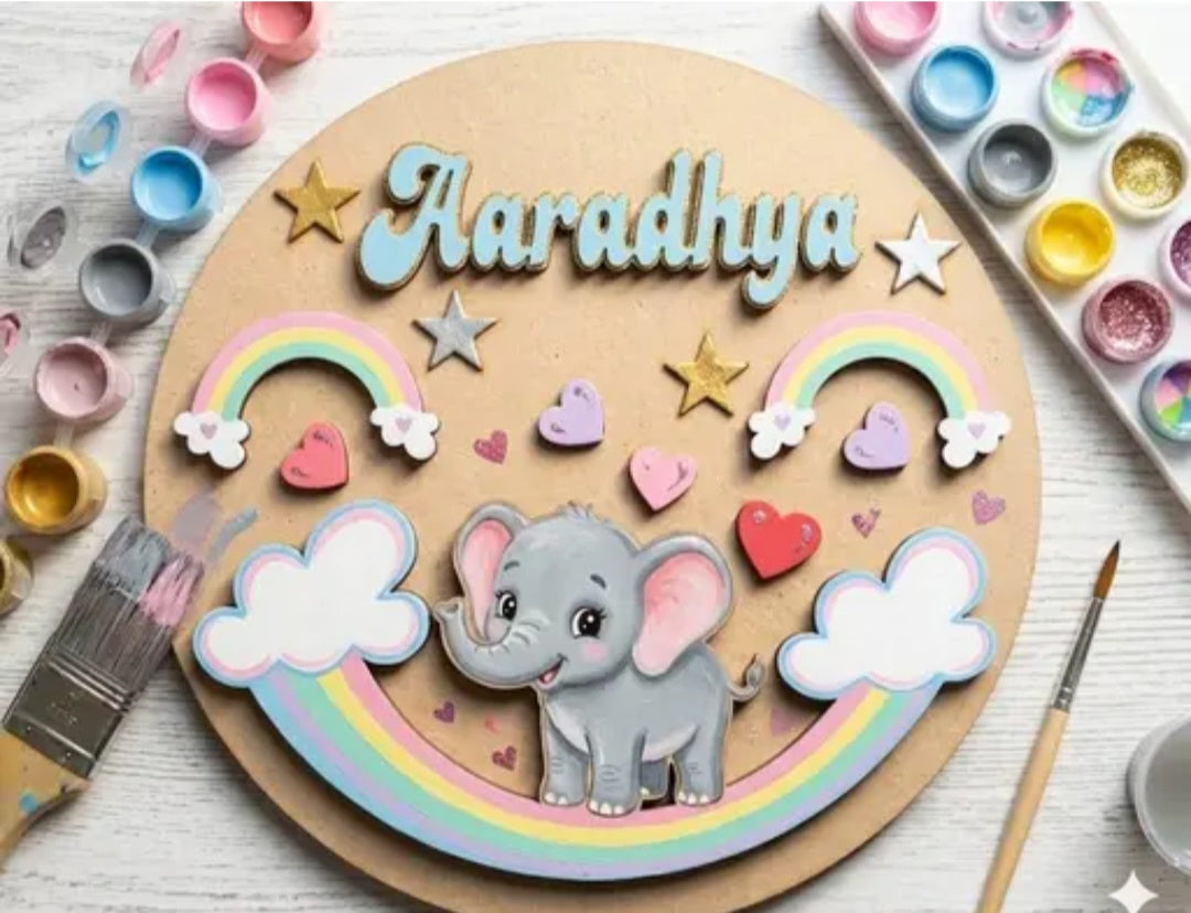 Personalized Elephant Rainbow Name Plaque DIY Paint Kit | Custom Wooden Baby Name Sign