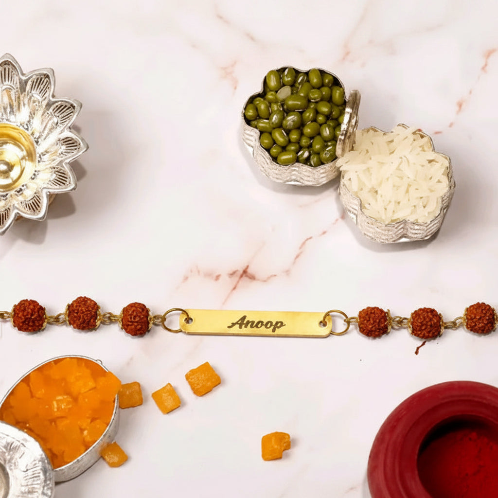 Latest Customised  best  Quality Metal Name Rakhi with Rudraksha for bro brother bhai bhabhi