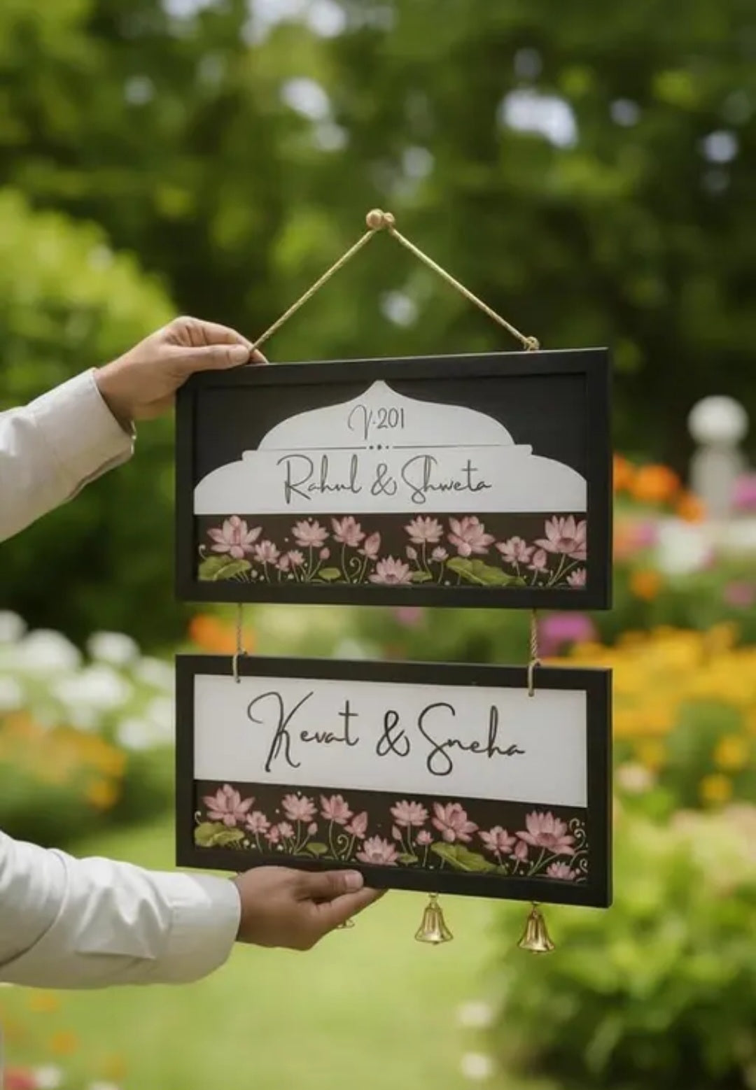 Customized Wooden Couple Name Plate For Home Entrance outdoor With Bells | Handcrafted Floral Wooden Name Board for Home Decor